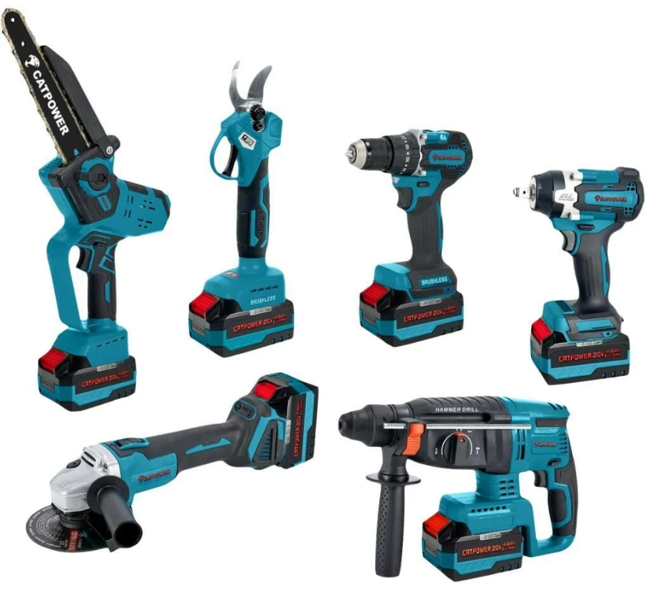 CATPOWER 1560 Kömürsüz Akülü 6'lı Set Vidalama, Somun Sıkma, Kırıcı Delici, Avuç Taşlama, Budama Testeresi, Budama Makası 20V 4.0Ah