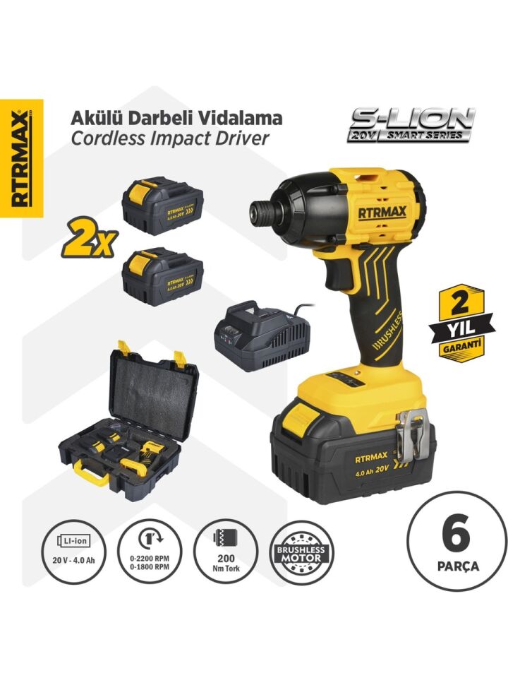RTRMAX RTS5020 Şarjlı Torklu Vidalama Makinası Kömürsüz 200 Nm 2x4 Ah Çift Akü - Akü Dahil