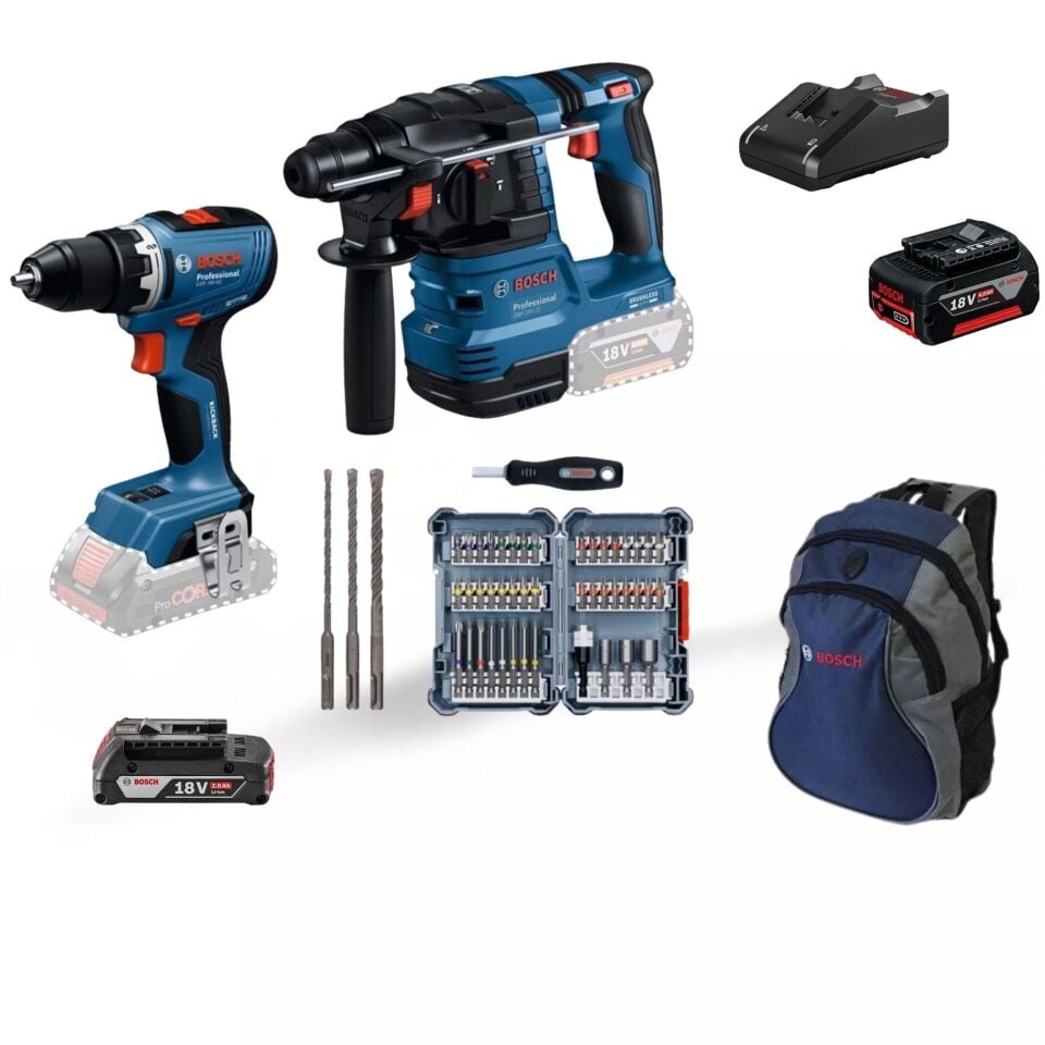 Bosch 18V-65 Akülü Vidalama & 185 Kırıcı Delici Alet Seti + Bits Uç (2607017693) + SDS Plus Set (1617000117) - Çanta Hediyeli