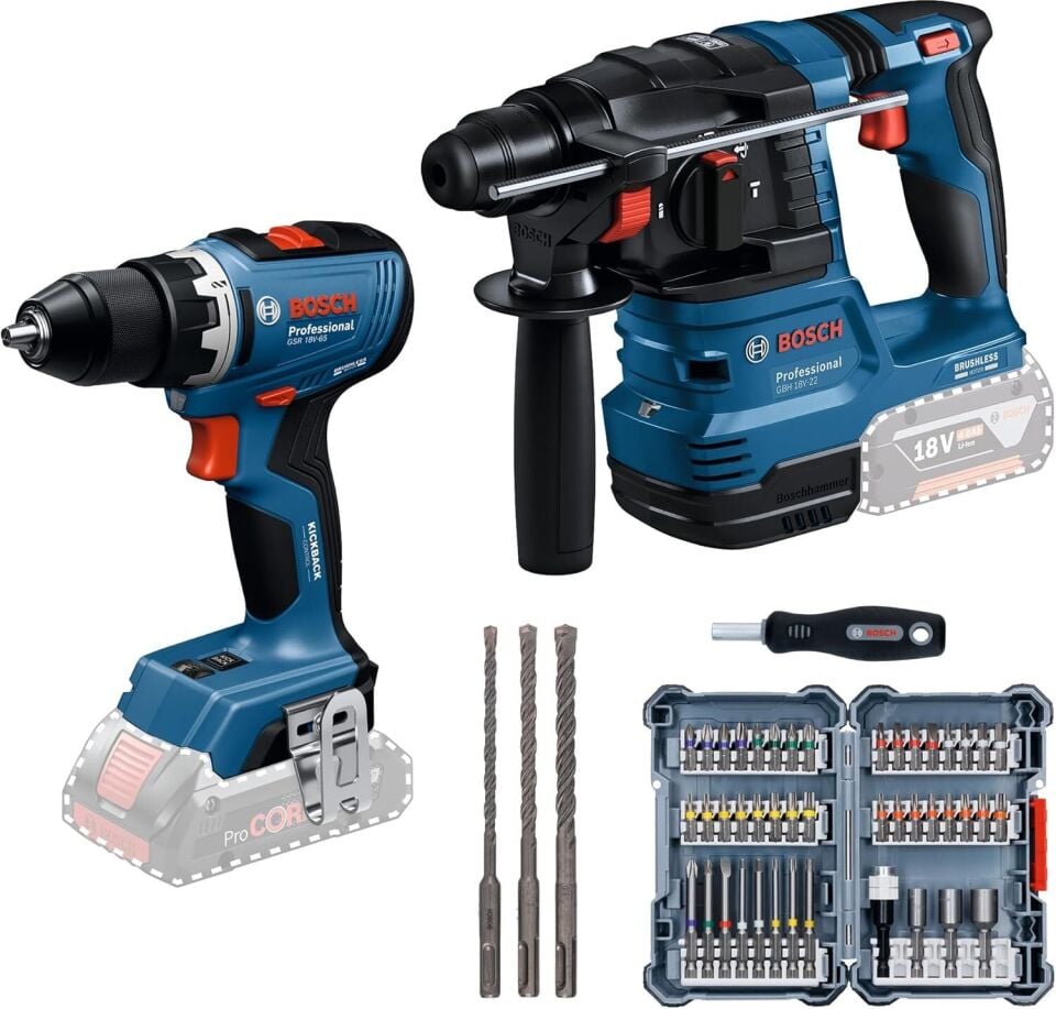 Bosch 18V-65 Akülü Vidalama & 185 Kırıcı Delici Alet Seti + Bits Uç (2607017693) + SDS Plus Set (1617000117) - Çanta Hediyeli