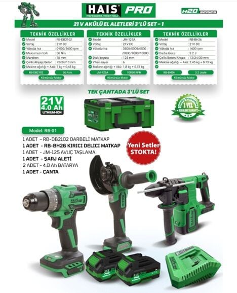 HaisPro Akülü Set - 3'lü Profesyonel Akülü Set + 2X4 Ah Çift Akü - RB-01