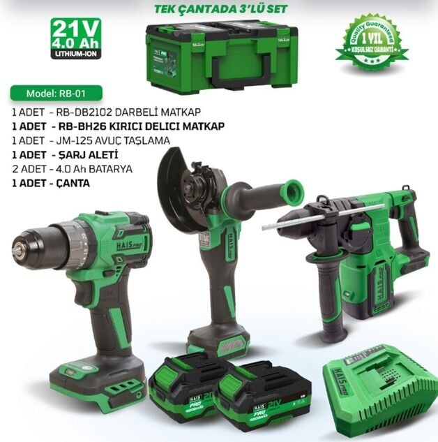 HaisPro Akülü Set - 3'lü Profesyonel Akülü Set + 2X4 Ah Çift Akü - RB-01