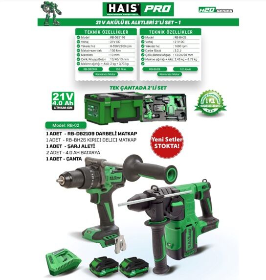 HaisPro Akülü Set - 2'li Profesyonel 21V Akülü Set + 2X4 Ah Çift Akü - RB-02