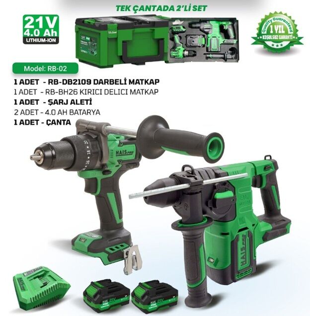 HaisPro Akülü Set - 2'li Profesyonel 21V Akülü Set + 2X4 Ah Çift Akü - RB-02