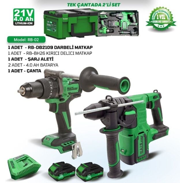 HaisPro Akülü Set - 2'li Profesyonel 21V Akülü Set + 2X4 Ah Çift Akü - RB-02