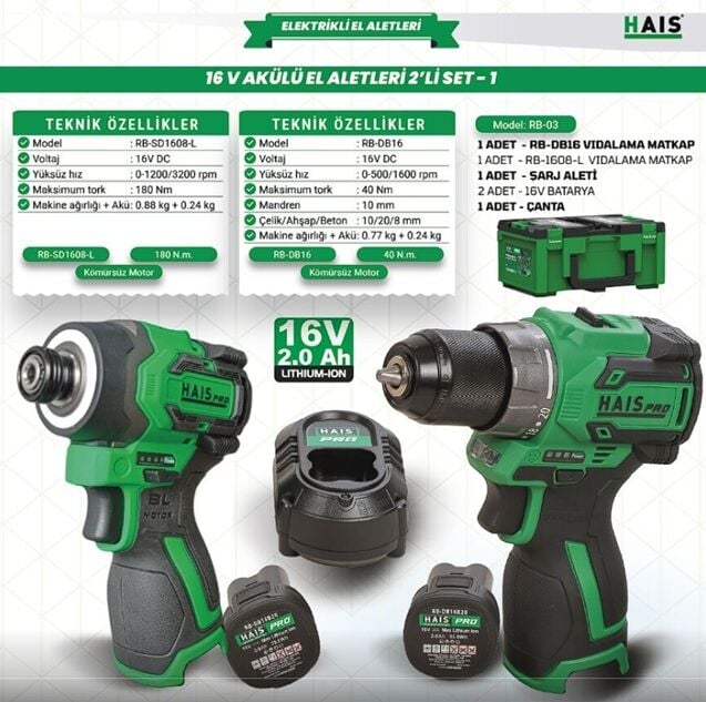 HaisPro RB-03 Akülü El Aleti Seti 2'li 16V 2x2 Ah