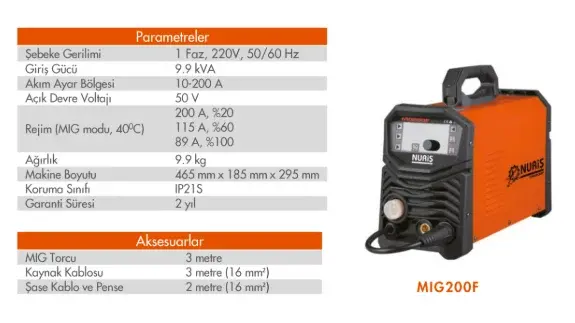 Nuriş MIG200F MIG/MAG İnverter Gazaltı Kaynak Makinası