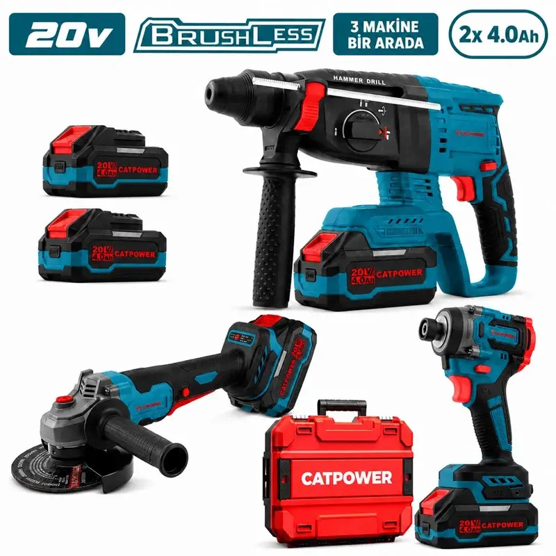 CATPOWER 5123 Kömürsüz 3 Lü Set Akülü Taşlama + Kırıcı Delici + Vidalama Set 20V 4AH