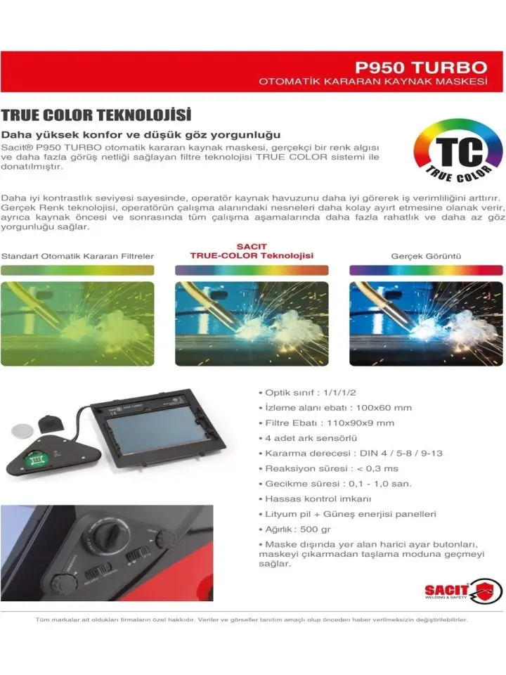 Sacit P950 True Color Temi Turbo Otomatik Kararan Kaynak Maskesi