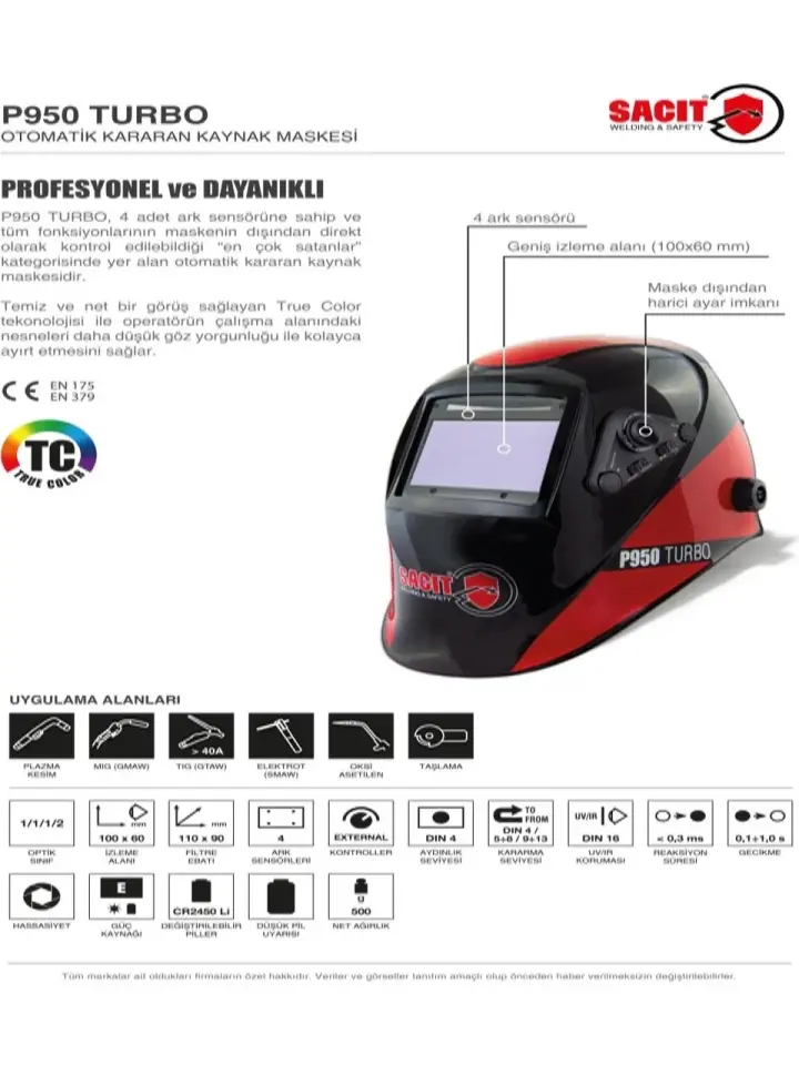 Sacit P950 True Color Temi Turbo Otomatik Kararan Kaynak Maskesi